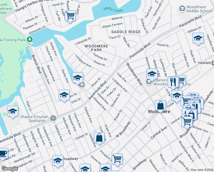 map of restaurants, bars, coffee shops, grocery stores, and more near 842 Glen Dr in Woodmere