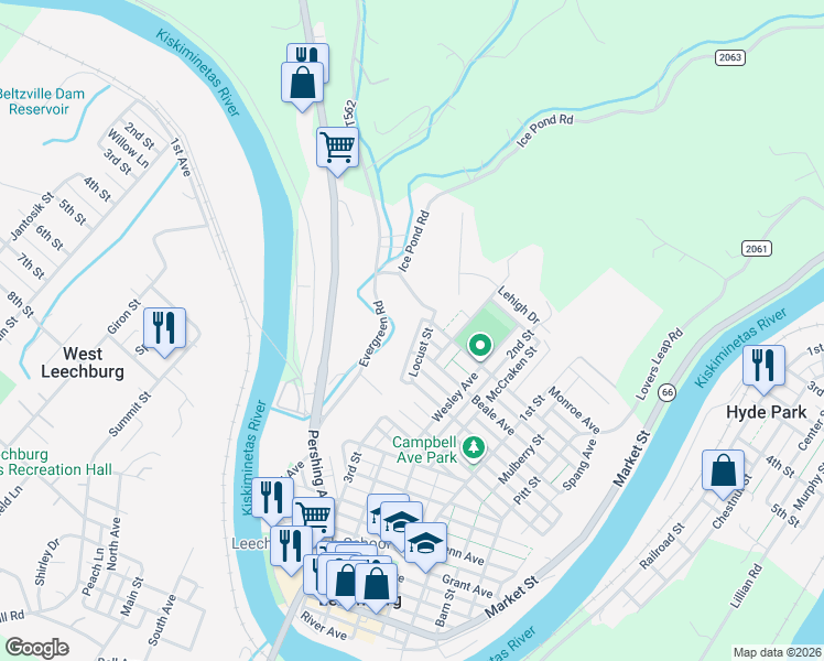 map of restaurants, bars, coffee shops, grocery stores, and more near 131 Beatty Road in Leechburg