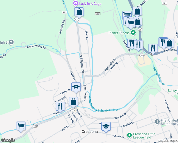 map of restaurants, bars, coffee shops, grocery stores, and more near 15 River Street in Cressona