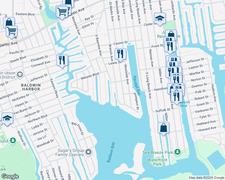 map of restaurants, bars, coffee shops, grocery stores, and more near 679 South Bayview Avenue in Freeport