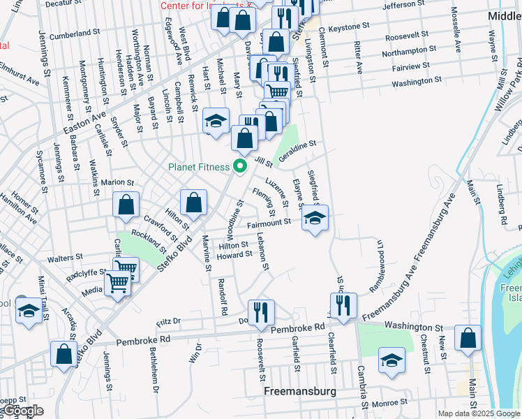 map of restaurants, bars, coffee shops, grocery stores, and more near 1520 Lebanon Street in Bethlehem