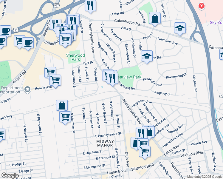 map of restaurants, bars, coffee shops, grocery stores, and more near 1424 Pennsylvania Avenue in Allentown