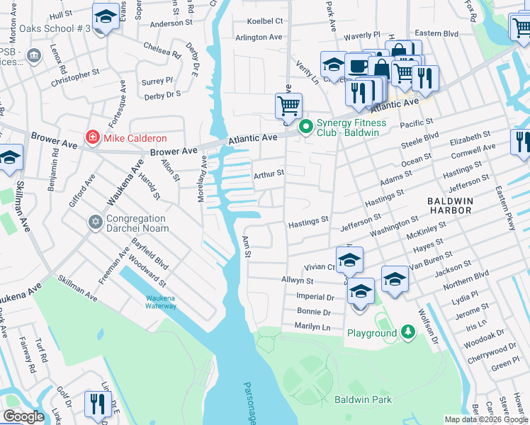 map of restaurants, bars, coffee shops, grocery stores, and more near 710 Fishermans Road in Baldwin