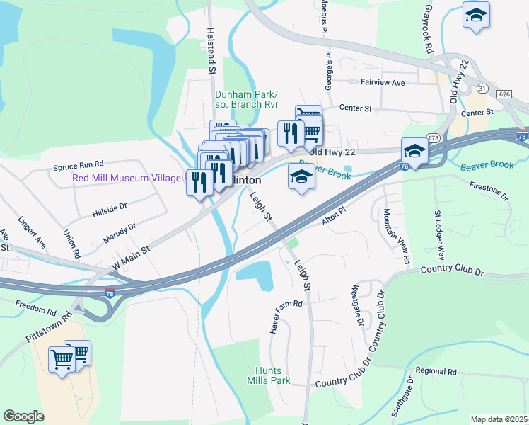 map of restaurants, bars, coffee shops, grocery stores, and more near Leigh Street & School Street in Clinton