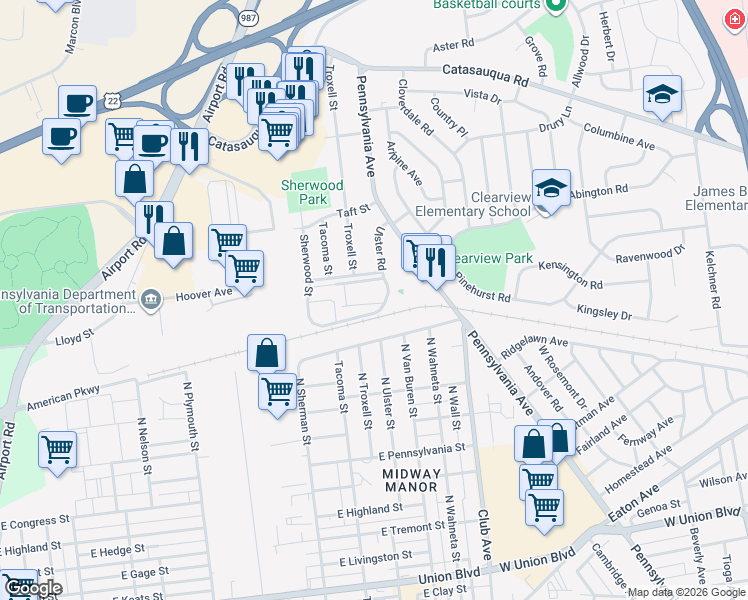 map of restaurants, bars, coffee shops, grocery stores, and more near 2010B Pinehurst Court in Allentown