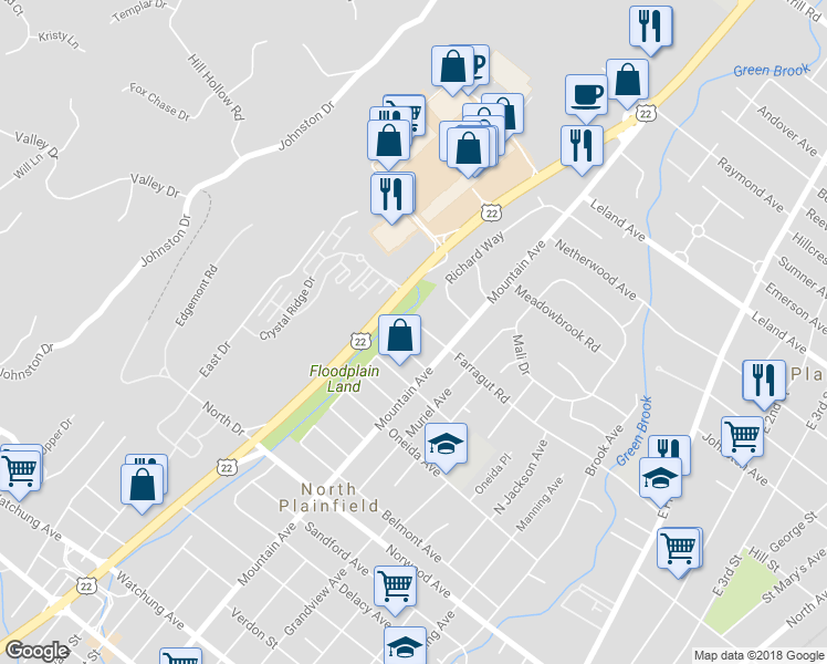 map of restaurants, bars, coffee shops, grocery stores, and more near 263 Farragut Road in North Plainfield