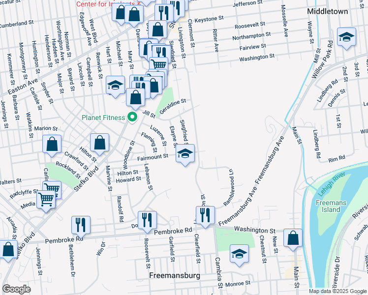map of restaurants, bars, coffee shops, grocery stores, and more near 1515 Siegfried St in Bethlehem