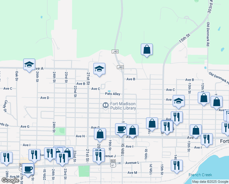 map of restaurants, bars, coffee shops, grocery stores, and more near 385 Pats Alley in Fort Madison
