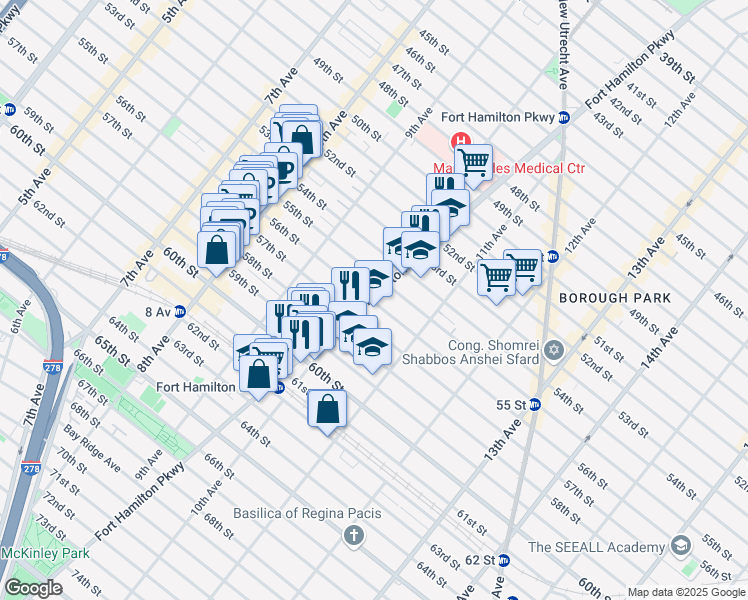 map of restaurants, bars, coffee shops, grocery stores, and more near 5521 Fort Hamilton Parkway in Brooklyn