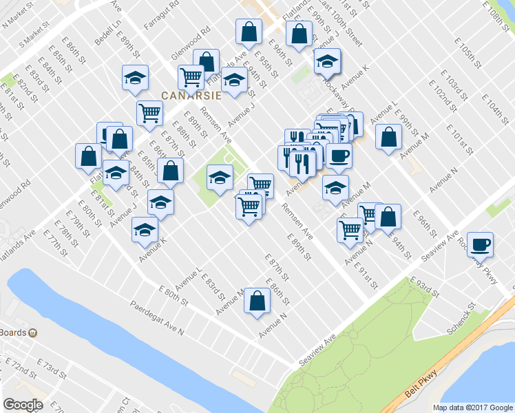 map of restaurants, bars, coffee shops, grocery stores, and more near 6 Beach Place in Brooklyn