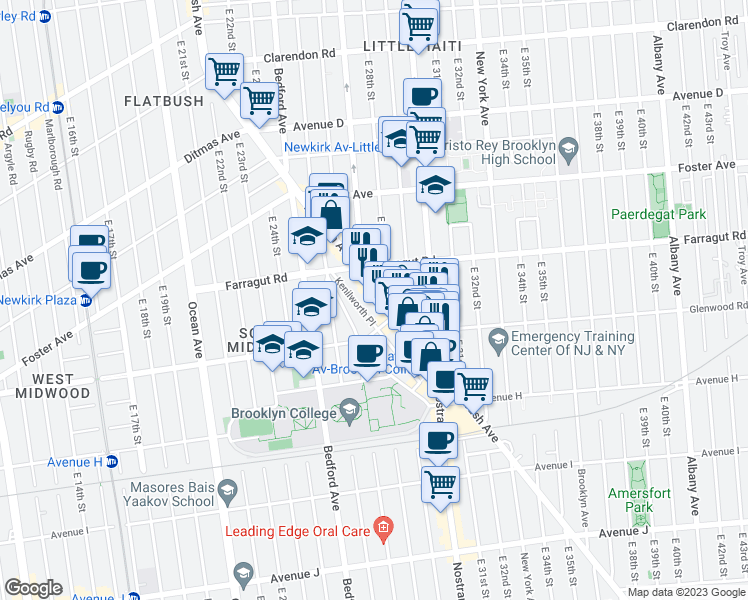 map of restaurants, bars, coffee shops, grocery stores, and more near 1466 Flatbush Avenue in Brooklyn