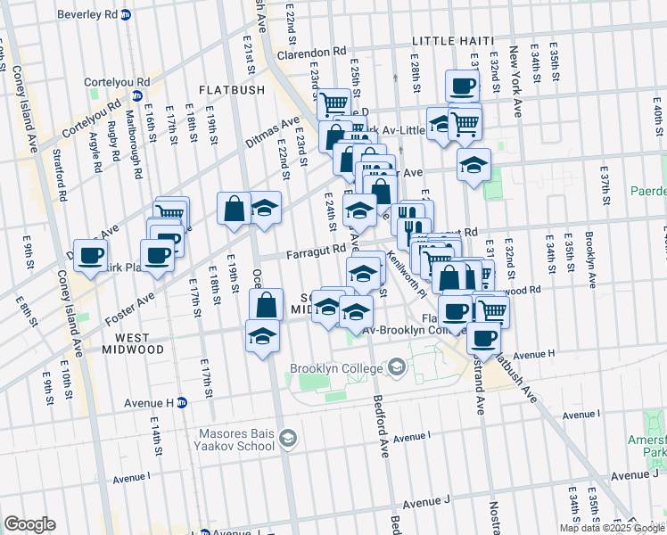 map of restaurants, bars, coffee shops, grocery stores, and more near 630 East 24th Street in Brooklyn