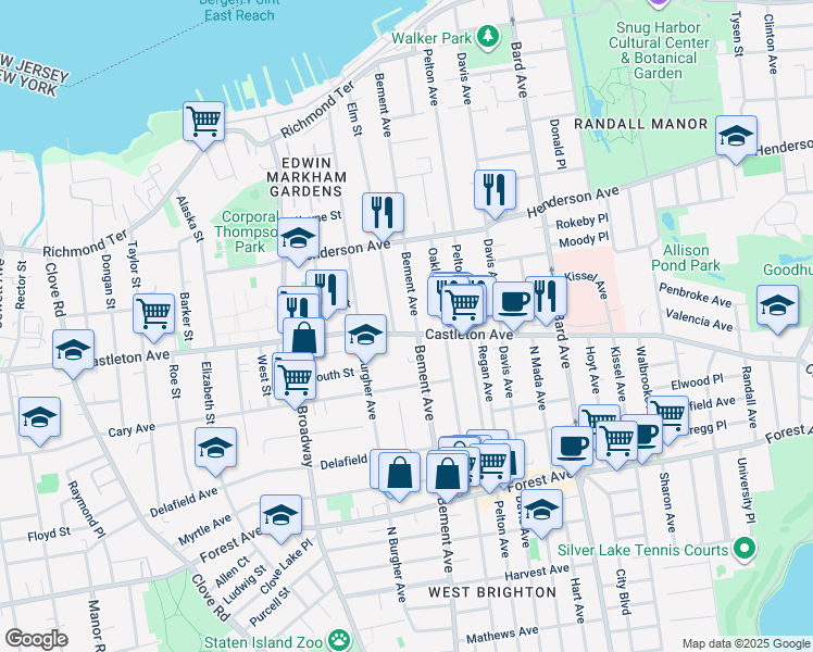 map of restaurants, bars, coffee shops, grocery stores, and more near 909 Castleton Avenue in Staten Island