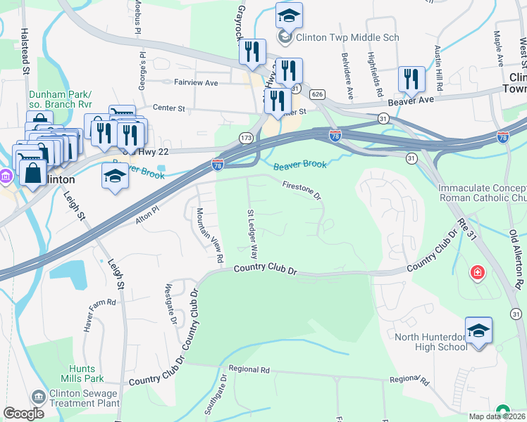 map of restaurants, bars, coffee shops, grocery stores, and more near 19 Forsgate Terrace in Hunterdon County