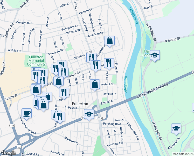 map of restaurants, bars, coffee shops, grocery stores, and more near 853 3rd Street in Fullerton