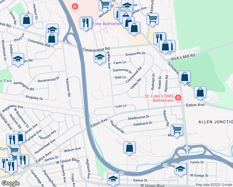 map of restaurants, bars, coffee shops, grocery stores, and more near 1590 Valley Road in Bethlehem