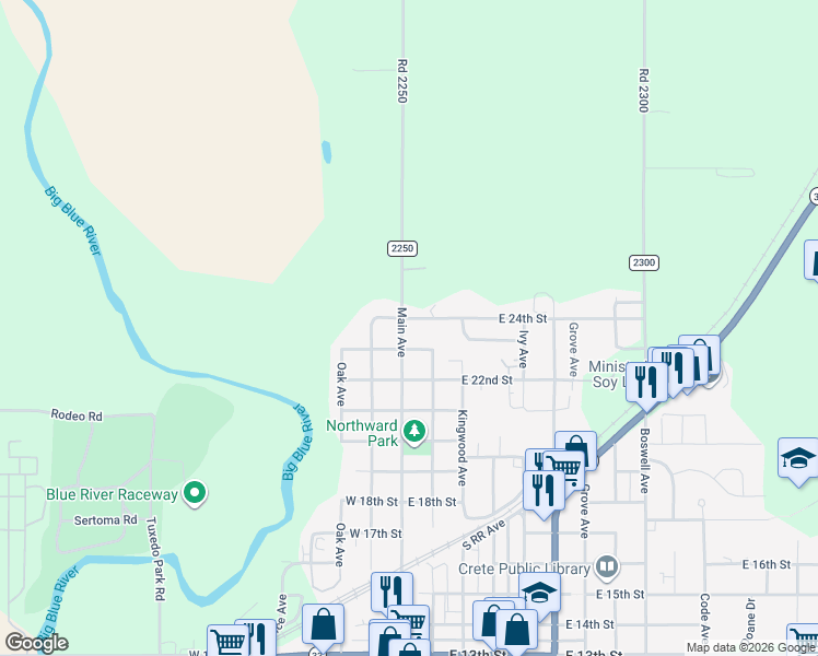 map of restaurants, bars, coffee shops, grocery stores, and more near 2342 Main Avenue in Crete