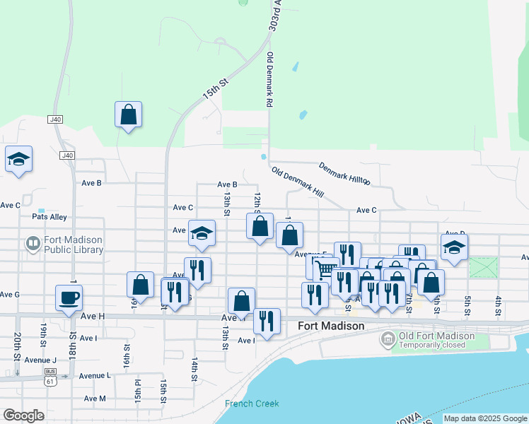 map of restaurants, bars, coffee shops, grocery stores, and more near 1130 Avenue C in Fort Madison