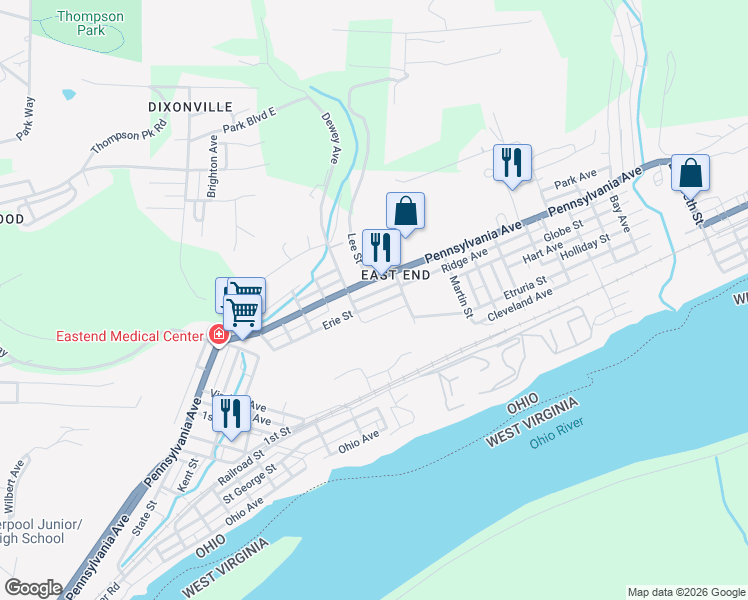 map of restaurants, bars, coffee shops, grocery stores, and more near 1273 Erie Street in East Liverpool