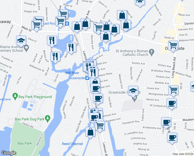map of restaurants, bars, coffee shops, grocery stores, and more near 383 West Windsor Parkway in Oceanside