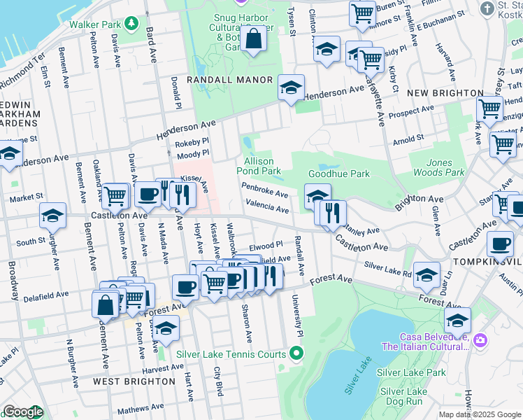 map of restaurants, bars, coffee shops, grocery stores, and more near 72 Valencia Avenue in Staten Island
