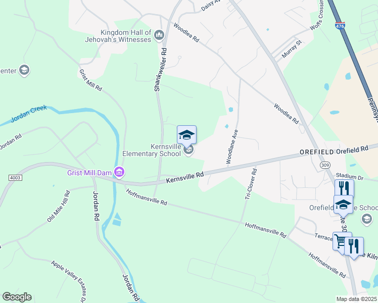 map of restaurants, bars, coffee shops, grocery stores, and more near 5051 Kernsville Road in Lehigh County