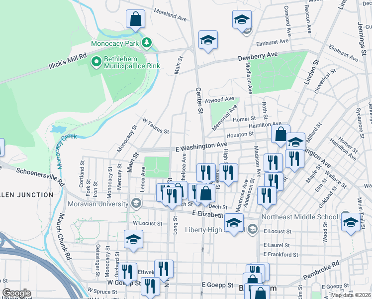 map of restaurants, bars, coffee shops, grocery stores, and more near 34 East Washington Avenue in Bethlehem