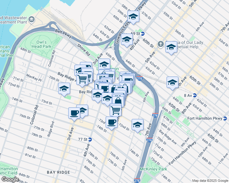 map of restaurants, bars, coffee shops, grocery stores, and more near 437 68th Street in Brooklyn