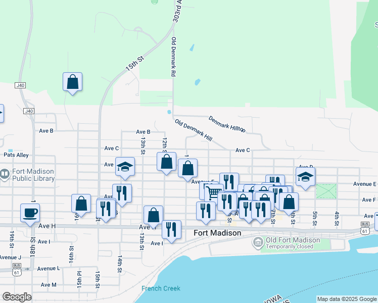 map of restaurants, bars, coffee shops, grocery stores, and more near 1036 Avenue C in Fort Madison