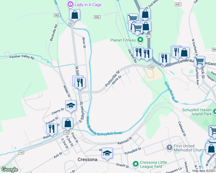 map of restaurants, bars, coffee shops, grocery stores, and more near 93 Pottsville Street in Cressona