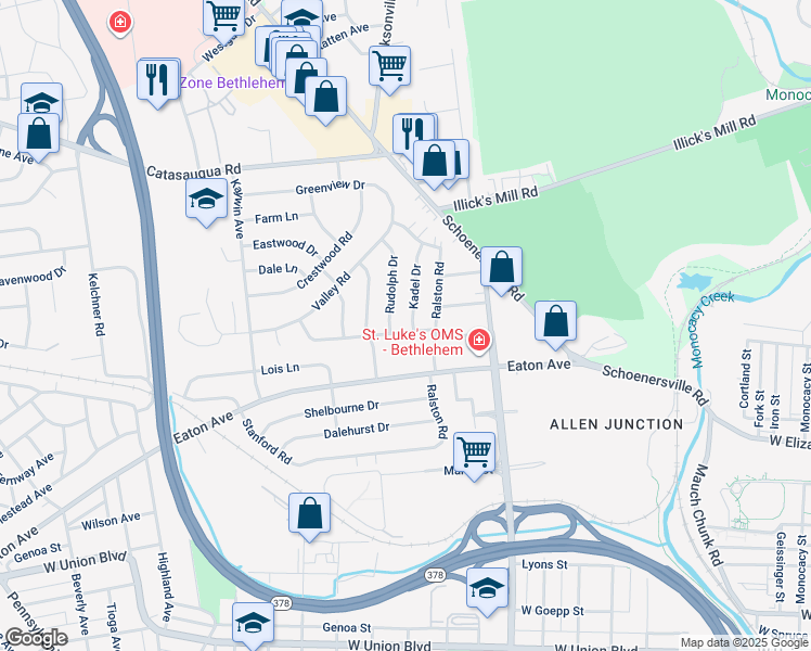 map of restaurants, bars, coffee shops, grocery stores, and more near 1503 Kadel Drive in Bethlehem