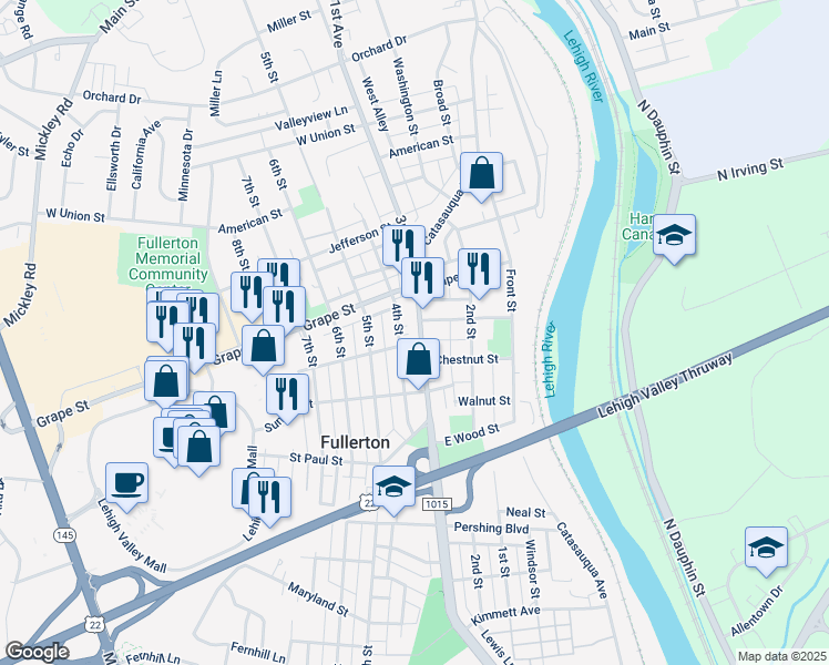 map of restaurants, bars, coffee shops, grocery stores, and more near 856 3rd Street in Fullerton