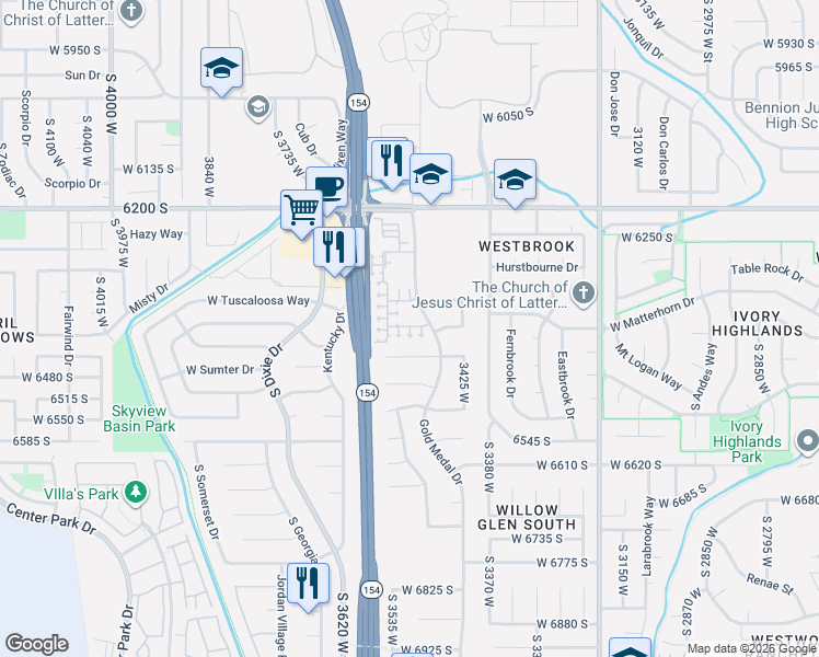 map of restaurants, bars, coffee shops, grocery stores, and more near 3531 West Green Springs Lane in West Jordan