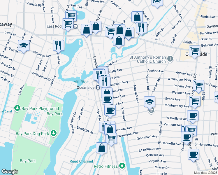map of restaurants, bars, coffee shops, grocery stores, and more near 383 West Windsor Parkway in Oceanside