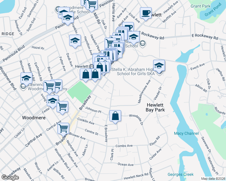 map of restaurants, bars, coffee shops, grocery stores, and more near 1193 East Broadway in Hewlett