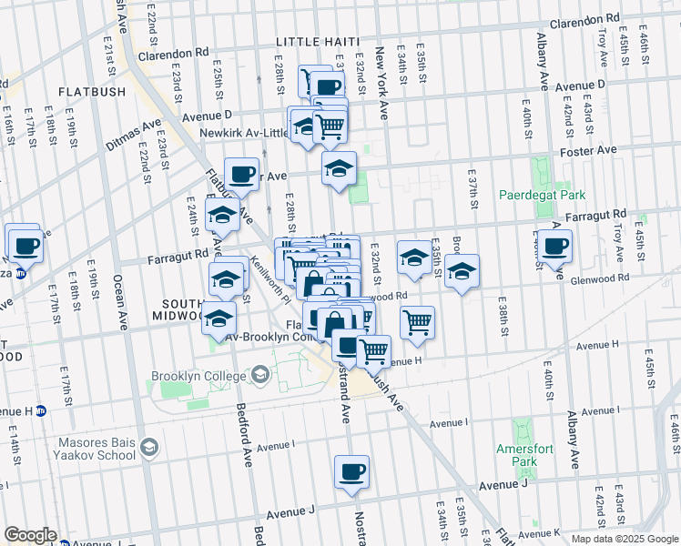 map of restaurants, bars, coffee shops, grocery stores, and more near 654 East 31st Street in Brooklyn