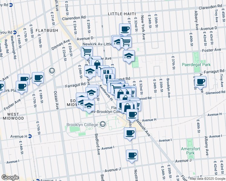 map of restaurants, bars, coffee shops, grocery stores, and more near 1466 Flatbush Avenue in Brooklyn