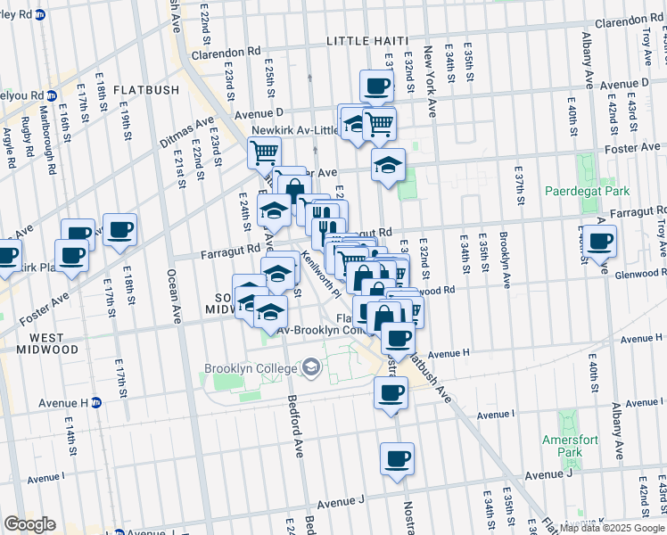 map of restaurants, bars, coffee shops, grocery stores, and more near 1466 Flatbush Avenue in Brooklyn