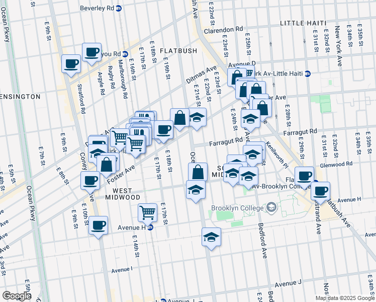 map of restaurants, bars, coffee shops, grocery stores, and more near 641 East 19th Street in Brooklyn