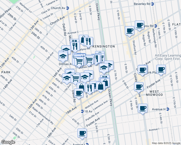 map of restaurants, bars, coffee shops, grocery stores, and more near 695 East 3rd Street in Brooklyn
