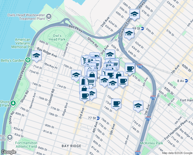 map of restaurants, bars, coffee shops, grocery stores, and more near 342 Bay Ridge Avenue in Brooklyn