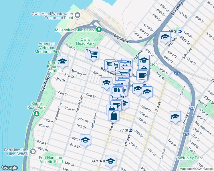 map of restaurants, bars, coffee shops, grocery stores, and more near 189 71st Street in Brooklyn