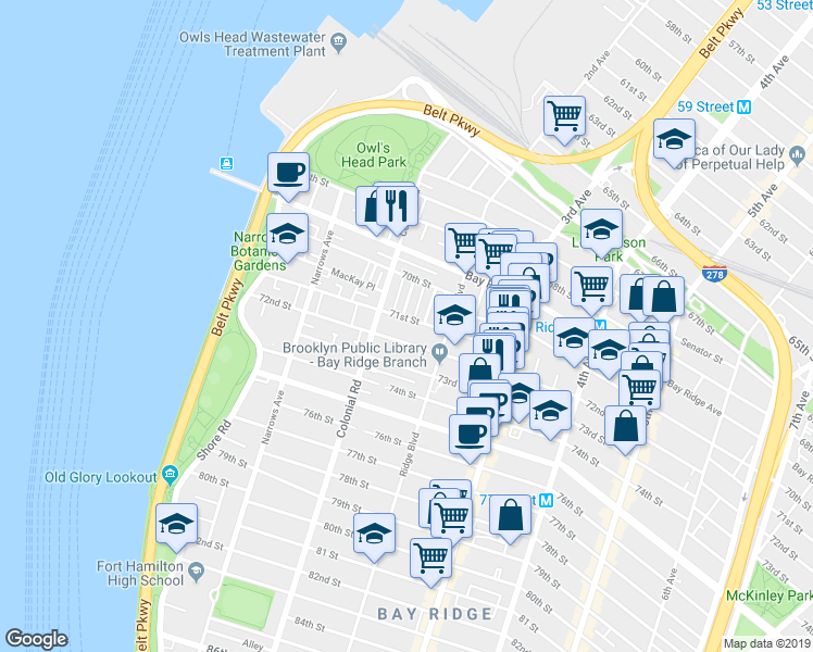 map of restaurants, bars, coffee shops, grocery stores, and more near 138 71st Street in Brooklyn