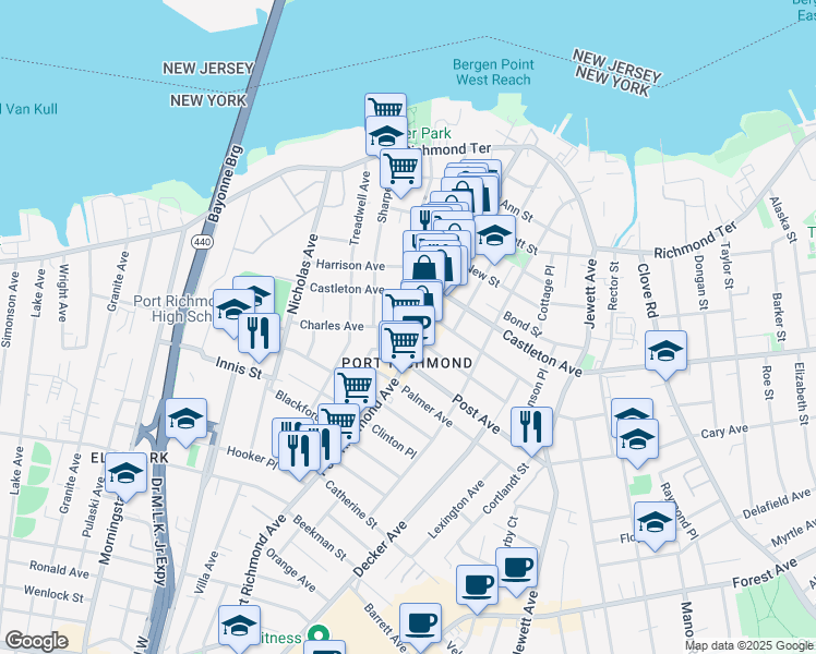 map of restaurants, bars, coffee shops, grocery stores, and more near 143 Charles Avenue in Staten Island