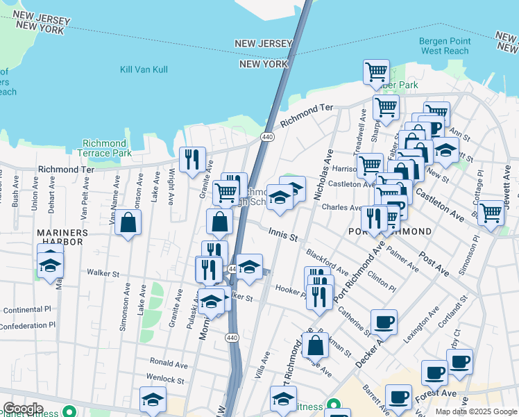 map of restaurants, bars, coffee shops, grocery stores, and more near 155 John Street in Staten Island