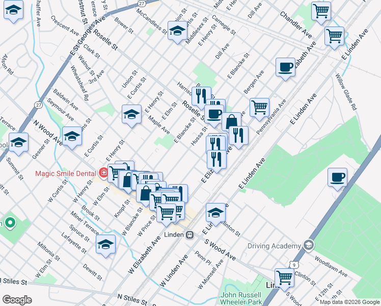 map of restaurants, bars, coffee shops, grocery stores, and more near 409 Hussa Street in Linden