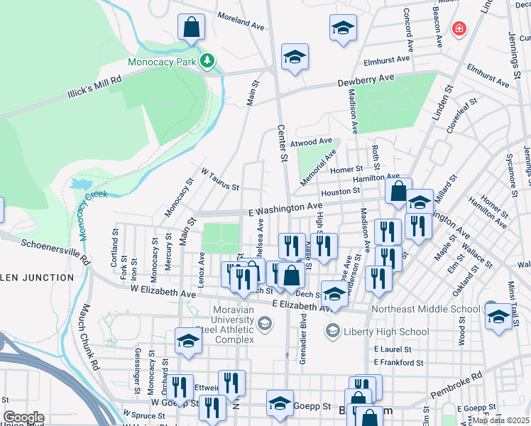 map of restaurants, bars, coffee shops, grocery stores, and more near 34 East Washington Avenue in Bethlehem