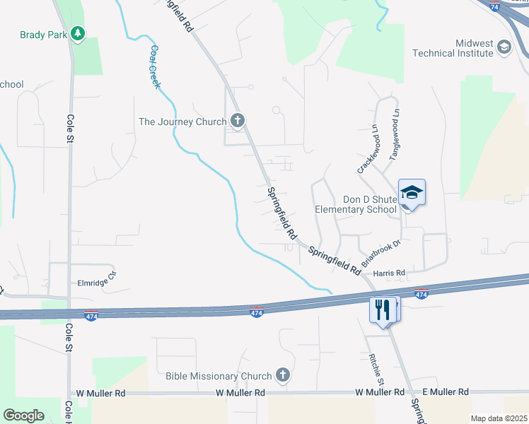 map of restaurants, bars, coffee shops, grocery stores, and more near 2322 Springfield Road in East Peoria