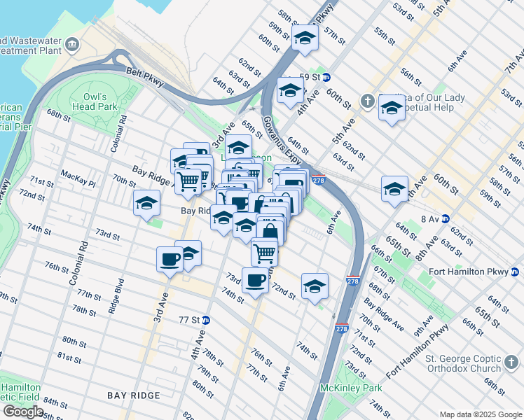 map of restaurants, bars, coffee shops, grocery stores, and more near 437 68th Street in Brooklyn