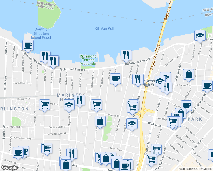 map of restaurants, bars, coffee shops, grocery stores, and more near 72 Lake Avenue in Staten Island